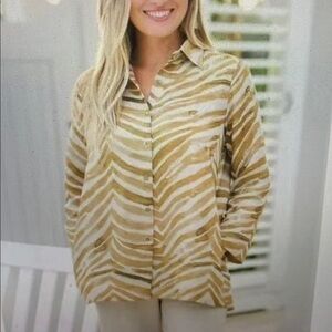 iLinen Classic Button Down Shirt Natural Zebra Size XS